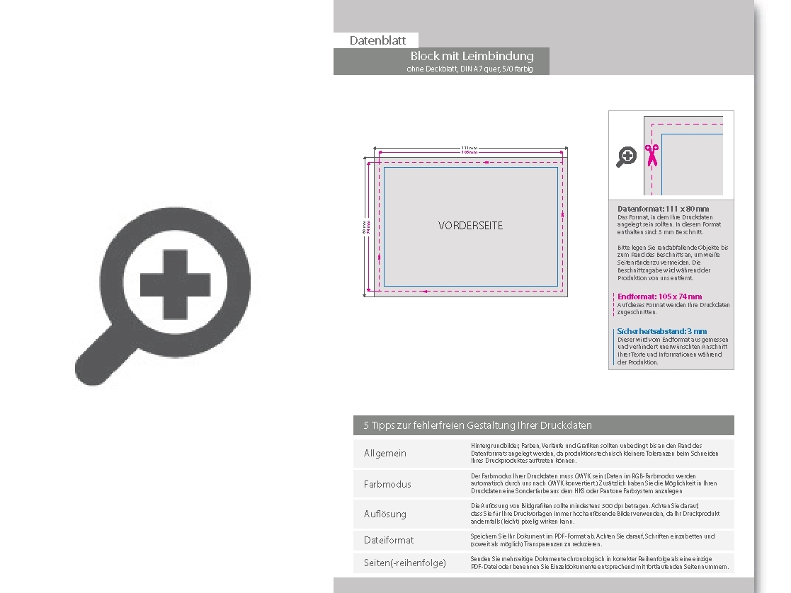 Product Bild block_mit_leimbindung__din_a7_quer__10_blatt__5_0_farbig_einseitig_bedruckt_(cmyk_4-farbig_+_1_sonderfarbe_hks_oder_pantone)